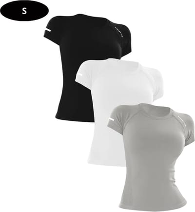 Livano Sportshirt Dames - Sport - Fitness - Compressie Shirt - Corrigerend Hemd - Sportkleding - Vrouwen - 3 Stuks - Zwart + Wit + Grijs - S
