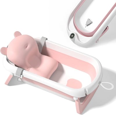 SnelShoppen - Opvouwbaar Babybad met Badkussen en Geïntegreerde Thermometer, Kinderbad met 5 Ballen en Badhouder, Ideaal Kraamcadeau voor Meisjes en J