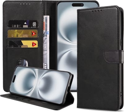 Geschikt voor iPhone 16 Plus Telefoonhoesje Kunstleer met Magnetisch lipje en Pasjeshouder Book Case met Klepje - Zwart - Smartphonica geschikt voor iPhone 16 Plus