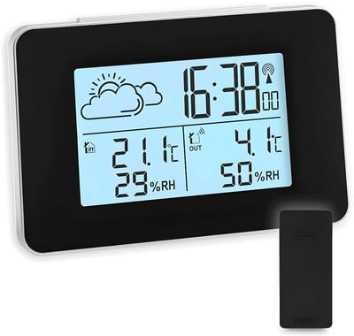 QIN® Weerstation met Buitensensor - Weerstation Binnen en Buiten - Weerstation Draadloos Binnen en Buiten - Alarmfunctie - Radiofunctie - Zwart - Inclusief Batterijen - Zwart - 13cm x 9cm x 4cm