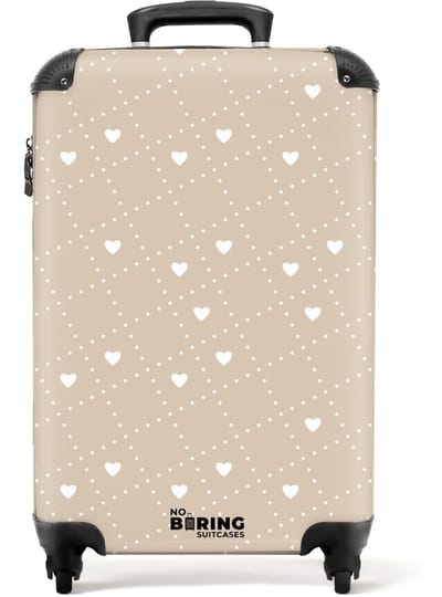NoBoringSuitcases.com - Koffer dames - Beige achtergrond met witte hartjes - Past binnen 55x40x20 cm en 55x35x25 cm - Trolley handbagage vrouwen - Valiezen met wieltjes volwassenen - Reiskoffer op wielen - Rolkoffer lichtgewicht