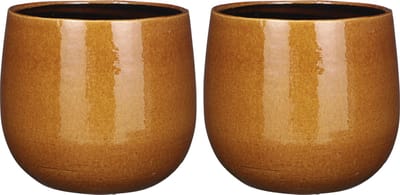 Mica Decorations - Plantenpot/bloempot - 2x stuks - keramiek - okergeel glans/spotted- D25/H20 cm