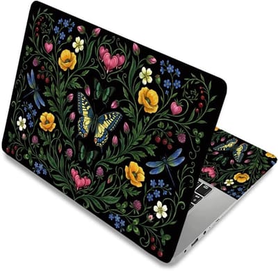Laptop skin sticker set met bloemen, vlinders en libellen - PVC beschermfolie voor notebooks en computers, vintage tuinlandschap voor kantoor en studie