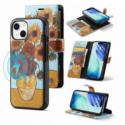 Casemania Hoesje Geschikt voor Apple iPhone 15 - Zonnebloemen Print - Van Gogh - Geschikt voor MagSafe - Kunstleer 2 in 1 Afneembare Bookcase - Magnetische Telefoonhoesje met Kunst Print en Pasjeshouder