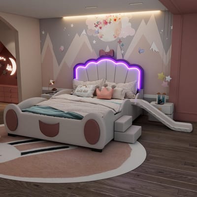 Kinderbed 140x200 cm met Glijbaan en Trap – Prinsessen Meisjesbed Roze & Wit met Vlinder Design, Lattenbodem en PU/MDF – Laura