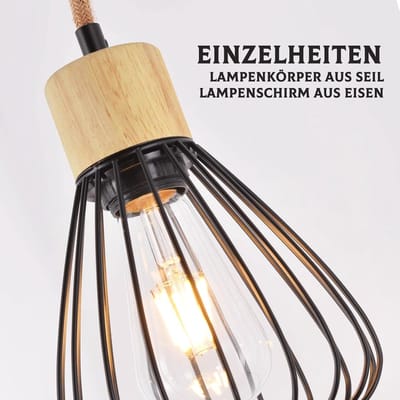 Glitzerlife - Hanglampen - Vintage industriële pendellamp - 5xE27 - verstelbare hoogte - metalen kooi met hout en henneptouw - Ø55cm - zwart - hanglamp eetkamer woonkamer