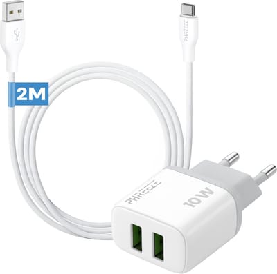 Phreeze usb oplader 2.4 A - Usb naar usb C kabel - 2 meter - Dubbele usb poort lader voor draadloze speaker koptelefoon powerbank smartphone tablet ereader