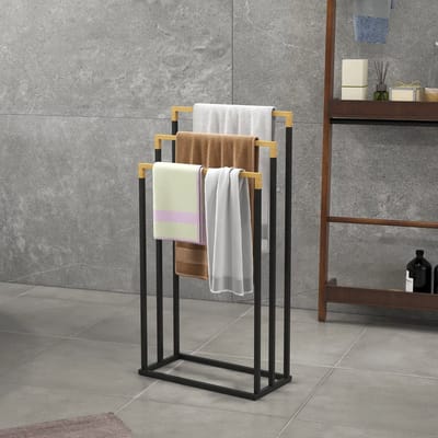 Pugsdrly kleankin handdoekenrek Handdoekenrek-set 3 handdoekstangen, industrieel design, bamboe, 45 x 22,5 x 86 cm, zwart + naturel