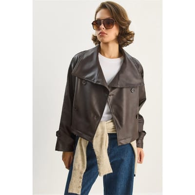 Oversized Faux Leren Jacket met Knopen Sluiting