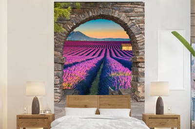 Behang - Fotobehang Lavendel - Avond - Doorkijk - Bloemen - Breedte 225 cm x hoogte 350 cm