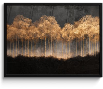 Poster in lijst - Fotolijst 80x60 cm - Posters - Gouden Bomen in Mistig Landschap - Posterlijst zwart - Decoratie - Wanddecoratie woonkamer - Muurdecoratie slaapkamer