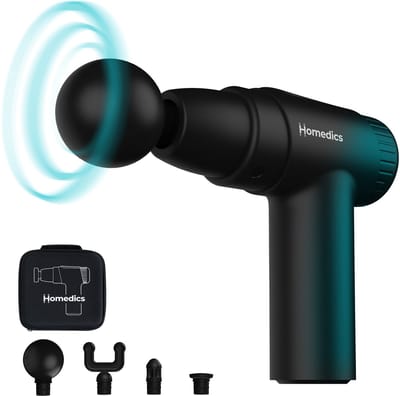 HoMedics Novo Draadloze Mini Massage Gun - Lichtgewicht Design - 6 Intensiteitsinstellingen - 1400 tot 2800 RPM - 4 Opzetstukken - 3 uur Batterijduur - USB C - Massagegun Om Spierpijn te Verlichten - PGM45BK - Zwart