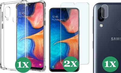 Hoesje geschikt voor Samsung Galaxy A20e - 2x Screenprotector Glas & 1x Camera Screen Protector - Transparant Shock Case