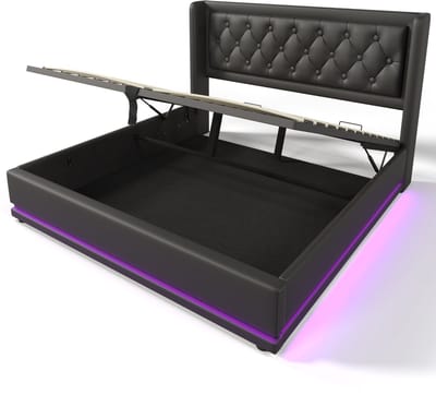 Gestoffeerd tweepersoonsbed van 160 x 200 cm, gemaakt van zwart PU-materiaal, met hydraulisch opbergsysteem, gestoffeerd hoofdeinde met USB Type-C-oplaadfunctie en ledverlichting aan drie zijden (matras niet inbegrepen).
