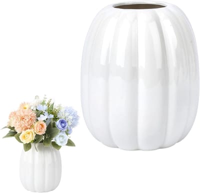 2 Stuks Keramische Pompoenvazen van 12,5 cm - Grote Witte Vazen voor Tafeldecoratie, Rustic Boerderij Stijl, Decoratieve Plantenpotten voor Halloween en Herfstfeesten