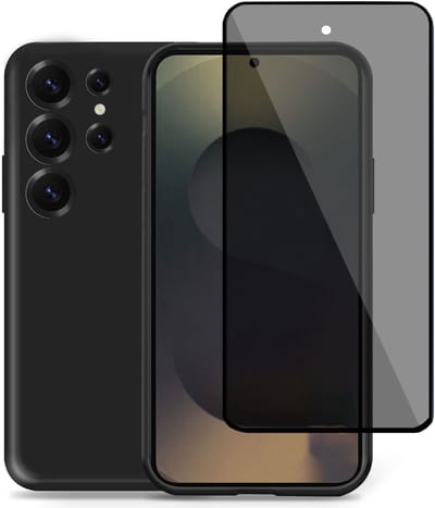Technow hoesje + Privé Screenprotector geschikt voor Samsung S25 Ultra – Privacy Tempered Glass - Back Case Cover Zwart