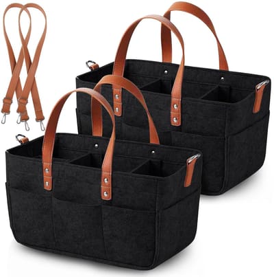 2 Stuks Vilten Tassen, Opvouwbare Draagtas, Boodschappentas met Vakken, Tas vilt voor Speelgoed, voor Winkelen, Uitgaan, Opbergen - Zwart, 38 x 23 x 18 cm