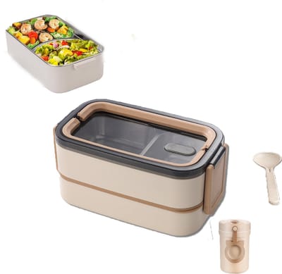 KZQ 2-laagse roestvrijstalen lunchbox lekbestendig stapelbaar met lepel en ontbijtbeker voor kinderen school picknick en werk kaki