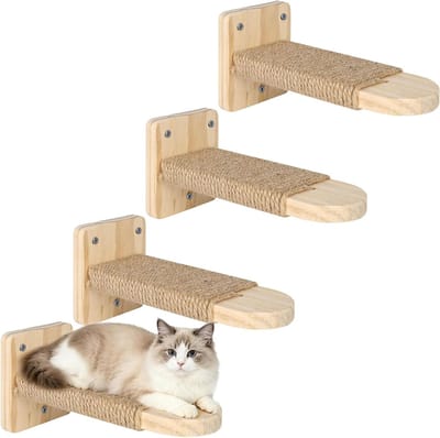 Katten klimwand - Kattenladder wand - Katten trainen - Massief rubberhouten constructie - 4 stuks - Natuurlijk hout