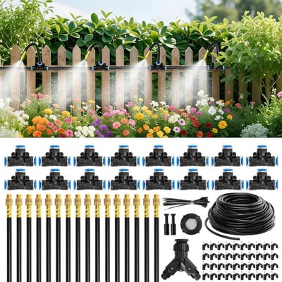 Druppelirrigatiesysteem - Tuinbewateringsset Nevelspray - Planten Automatisch Water Geven - 360° Verstelbare Koperen Sproeiers - 100 Meter Slang - Bruin