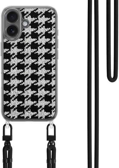 Casimoda® hoesje met zwart koord - Geschikt voor iPhone 17 - Pied De Poule - Afneembaar koord - TPU/polycarbonaat - Zwart