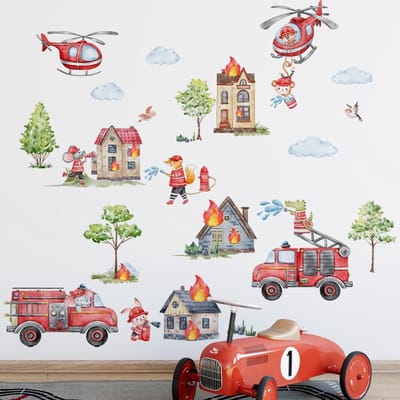 Allecto - Brandweerwagen Muurstickers - Motor Transport Voertuig - Perfecte Muurdecoratie - 91,44 x 30,48 cm - Helikopter Brandweerman - Geschikt v...