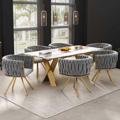 Eetkamerstoel - Set van 6 - Fluwelen kaptafelstoel, luxe draaistoel voor de slaapkamer, comfortabele draaistoel, vier metalen steunpoten - Grijs
