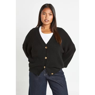 boohoo Dames Plus Cardigan met ballonmouwen en knopen door rib | Zwart | Maat: 44-46