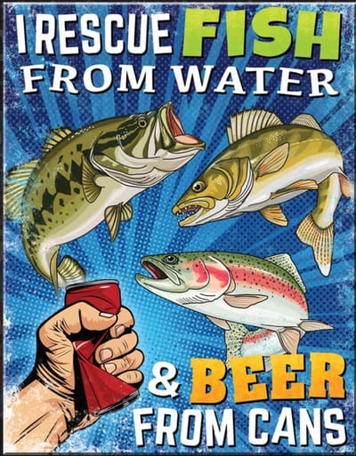I Rescue Fish & Beer. Metalen wandbord 31,5 x 40,5 cm.