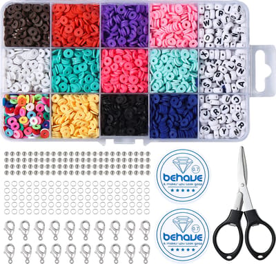 Behave Katsuki Kralen Set met Accessoires - Knutselen Meisjes - Polymeer kralen - Kralenset - Platte kralen - Letterkralen - 15 Vakjes - 12 Kleuren - 6mm