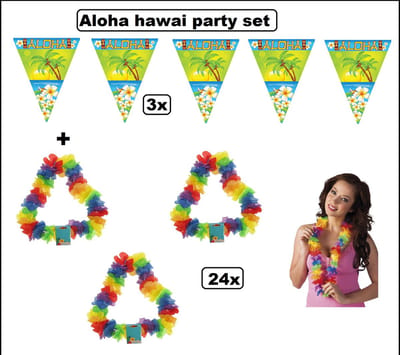Aloha hawai party set - 3x Aloha vlaggenlijn 500cm + 24x Hawaikrans bont multi color - Tropical hawai party summer beach