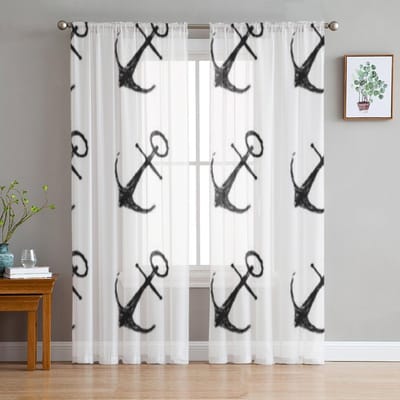 Handgetekende Anker Tule Gordijnen Voor Woonkamer Slaapkamer Kerst Chiffon Transparant Voile Keukengordijn 135W x 114H(cm) white