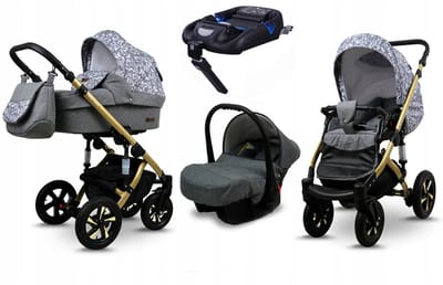 BabyLux® Kinderwagen 4in1 – SKY LARK - Grey Animals GOLD FRAME - Opklapbare Wandelwagen incl. Reiswieg, Multifunctionele Buggy Sportstoel, Autostoel, ISOFIX basisstation - Combi-kinderwagen met Luiertas, Regenhoes, Klamboe