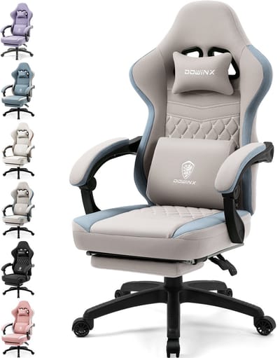 Dowinx Gamingstoel - Bureaustoel met Pocketvering - Met Hoofdsteun, Massage-Lendenkussen en Voetensteun - Ergonomische Gamestoel - Grijs