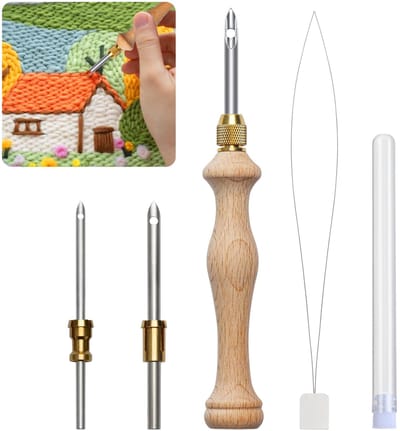 Set van 5 houten stansnaalden met handvat, 5 mm/3,5 mm/2,5 mm, borduurstift, punch naaldenset