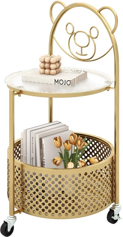 COSTWAY Bijzettafel glas met wieltjes, 2-traps glazen tafel rond met berenpatroon, nachtkastje met opbergmand, salontafel koffietafel modern voor woonkamer, slaapkamer, 40 x 36,5 x 71 cm (goud)