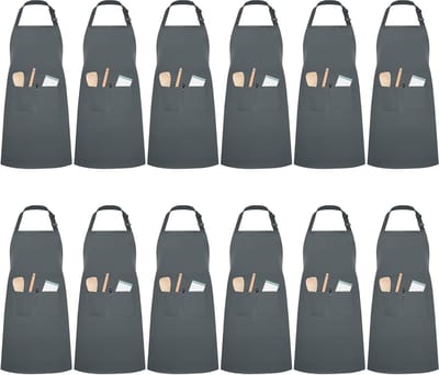 Schorten, 12 stuks, tuinschorten met 2 vakken, uniseks, verstelbare keukenschorten voor thuisgebruik, restaurants, cafés, tuinen en barbecues (grijs, polyester)