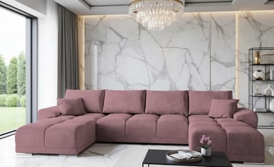 U-vormige Fluwelen Hoekbank met Slaapfunctie en Opbergruimte 365x189 cm – Luxe U-Slaapbank met Bedfunctie & Kussens – Comfortabele Hoekbank voor 4 Personen – Pruim (MO-63) – Novihome