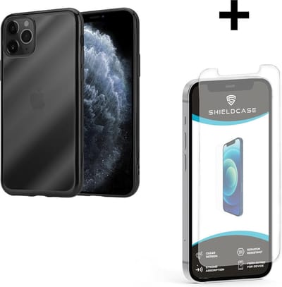 ShieldCase Metallic bumper case geschikt voor Apple iPhone 12 / 12 Pro - 6.1 inch - zwart + glazen Screen Protector - Shockcase Shockproof hoesje metalen uitstraling - Hardcase hoesje - Hard Case stootrand beschermhoesje incl. glas screenprotector