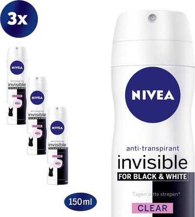 NIVEA Invisible For Black & White Clear - 3 x 150 ml - voordeelverpakking - Deororant Spray