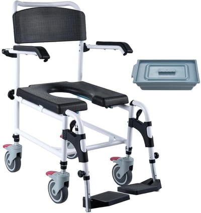 Douche toiletstoel - Commode rolstoel - Thuiszorg mobiliteit - 4-in-1 functie - 350 lbs capaciteit - Grijs