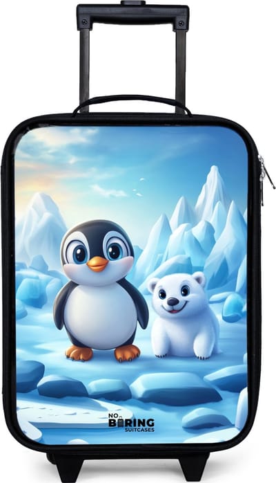 NoBoringSuitcases.com® - Kinderkoffer jongen - Kindertrolley meisje - Pinguïn en ijsbeertje op ijsschotsen - Koffer kind lichtgewicht - Reiskoffer trolley voor kinderen - Koffertje met lichtgevende wieltjes - Rolkoffer zwart