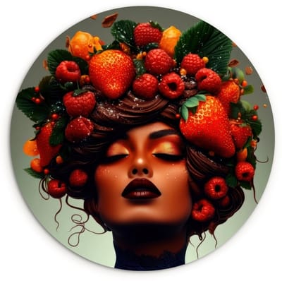 WallCircle® Wandcirkel 120x120 cm - Muurcirkel Vrouw - Chocolade - Frambozen - Aardbeien - Koekjes - Muurdecoratie woonkamer - Wanddecoratie slaapkamer - Kamer decoratie accessoires - Ronde schilderijen XXL
