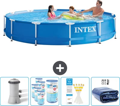 Intex Rond Frame Zwembad - 366 x 76 cm - Blauw - Inclusief Pomp Filters - Testrips - Solarzeil