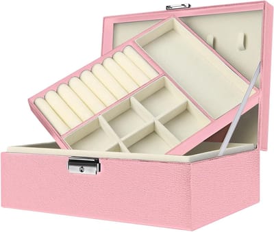 Sieradendoos Opbergdoos - Juwelendoos Organizer - Sieraden Opbergen - Tweelaags Afsluitbaar - 23 x 18 x 8.5 cm - Wit Roze