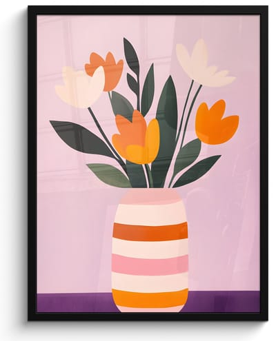 Poster in lijst - Fotolijst 50x70 cm - Posters - Tulpen - Vaas - Strepen - Paars - Posterlijst zwart - Decoratie - Wanddecoratie woonkamer - Muurdecoratie slaapkamer