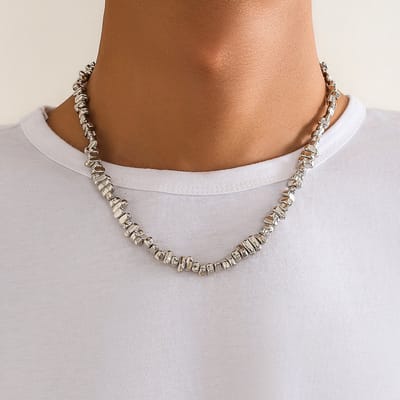 Helin life Klassieke ketting heren - Schakelketting- Kralenketting -Natuursteen-Geschenkdoos en wenskaart-45+7cm-Mannen Cadeautjes-zilver