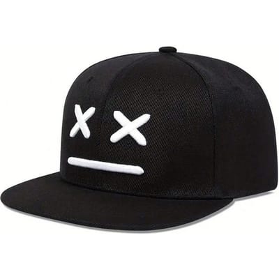 Baseballpet Katoen Geborduurd Smiley Gezicht Unisex Platte Klep Snapback Hoed Casual Buiten Sport Mode Hip Hop Streetwear Cadeau Adjustable zwart
