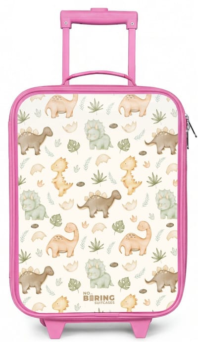NoBoringSuitcases.com® - Kinderkoffer roze - Kindertrolley meisje - Dino patroon in pastelkleuren - Koffer kind lichtgewicht - Reiskoffer trolley voor kinderen - Koffertje met lichtgevende wieltjes - Rolkoffer