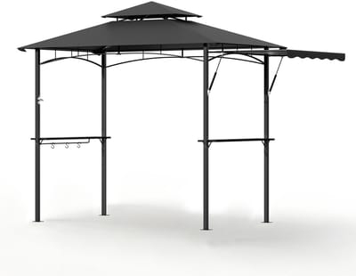 BBQ Paviljoen met Zijluifel en Dubbel Dak – Barbecue Overkapping van Staal – 245 × 141 × 253 cm – Grijs